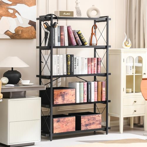 HCHQHS Bookshelf, 5-Tier Industrial Bookcase, Black Open Book Shelf, Freestanding Tall Bookshelves with Metal Frame - color: Ebony Black, size: 5-Tier (35.8"W x 65.7"H)