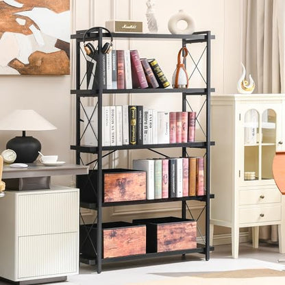 HCHQHS Bookshelf, 5-Tier Industrial Bookcase, Black Open Book Shelf, Freestanding Tall Bookshelves with Metal Frame - color: Ebony Black, size: 5-Tier (35.8"W x 65.7"H)