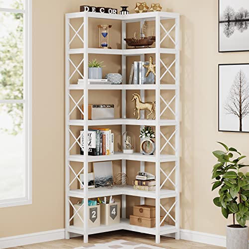Tribesigns 7-Shelf Corner Bookshelf,Large Modern Corner Bookcase, 7-Tier Tall Corner Shelf Storage Display Rack with Metal Frame for Living Room Home Office (White) - color: White