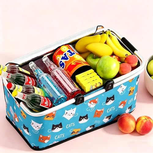 Upgrade Shopping Bag Picnic Basket 2 Layers of Internal Pockets Leak-Proof Insulated Cooler Bag Bag Collapsible Shopping Basket Folding Grocery Basket Bag for Picnic Travel(Blue Cat) - color: Blue Cat