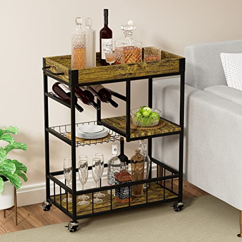 Bar Cart with Basket 3 Tiers Home Rolling Wine Rack with Wheels Mobile Kitchen Industrial Vintage Style Wood Metal Serving Trolley Serving Cart,Glass Holder Bar Cabinet - size: Rustic Brown, style: With Basket