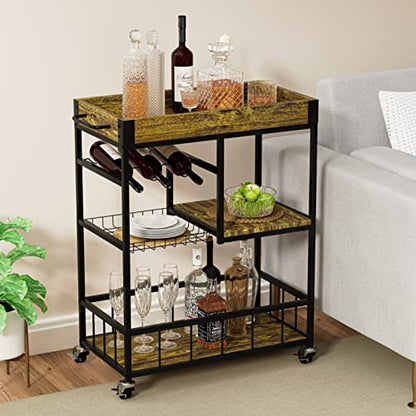 Bar Cart with Basket 3 Tiers Home Rolling Wine Rack with Wheels Mobile Kitchen Industrial Vintage Style Wood Metal Serving Trolley Serving Cart,Glass Holder Bar Cabinet - size: Rustic Brown, style: With Basket