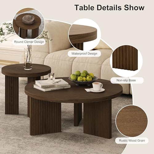 Nesting Coffee Table Set of 2, Brown | Modern Wooden Coffee Table, Circle Tea Table and End Table Set, Accent Center Tables for Living Room, Office - color: Brown, style: Coffee Table Set of 2