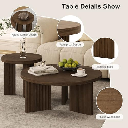 Nesting Coffee Table Set of 2, Brown | Modern Wooden Coffee Table, Circle Tea Table and End Table Set, Accent Center Tables for Living Room, Office - color: Brown, style: Coffee Table Set of 2