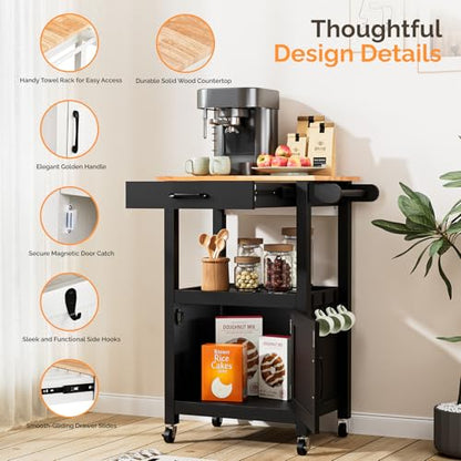 VINGLI Rolling Kitchen Cart with Microwave Stand, Storage Cabinet & Drawer, Small Coffee Cart with Side Hooks & Towel Rods, Compact Kitchen Island on Swivel Wheels, Black - color: Black, size: 33"