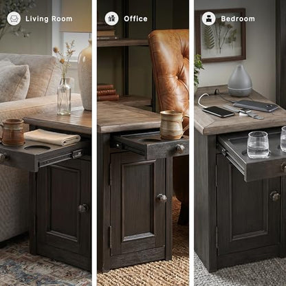 Signature Design by Ashley Tyler Creek Rustic Chair Side End Table with Pull-Out Tray & USB Ports, Brown - color: Blackish Brown