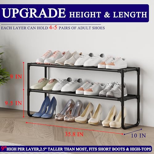 Long Shoe Rack, 2-Tier Stackable Shoe Organizer for Closet, Entryway, Hallway, Extra Bottom Layer, Holds 12-15 Pairs, Sturdy & Durable Waterproof Fabric Shelf, Space-Saving,Black(35.8" Wide) - size: 2-Black-35.8"