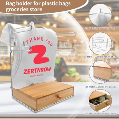 Detachable Plastic Grocery Bag Holder with Wooden Drawers Base, Grocery Bag Holder and 200 Count Plastic Bags, Chrome Plated T-Shirt Bags Rack with Stores, Grocery Store，Supermarkets, Homes, Kitchens