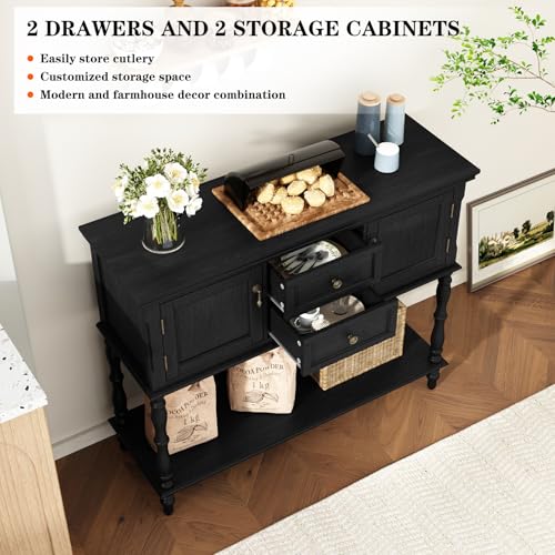 ARTPOWER Console Table with 2 Drawers, Retro Entryway Table with 2 Door Cabinets and Open Storage Shelf, Narrow Long Behind Couch Sofa Table for Living Room, Foyer, Hallway, Black - color: Black