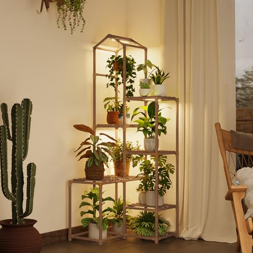 Bamworld Tall Corner Plant Stands with Grow Lights Indoor Outdoor Plant Shelves for Multiple Plants Display Haning Planter Living Room Pation Garden Decor - size: 4 Tiers - High Roof Shelf with Grow Lights