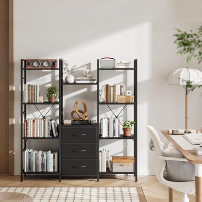 AFLUI Triple Bookshelf with 3 Fabric Drawers, 4-Tier Book Shelf and 10 Display Shelves, Industrial Large Bookcase for Home & Office, Black, 47'' Wide - color: Black, size: 4 Tier(47" W)