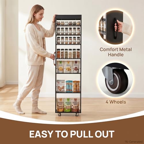 7-Tier Slim Mobile Shelving Cart with Wheels, Rolling Pantry with 7 Racks, Narrow Pull-Out Utility Cart, Space Saving Storage Organizer Carts for Kitchen Living Room Bathroom Narrow Spaces, Black - size: Black & 7.87"D x 17.72"W x 70.87"H