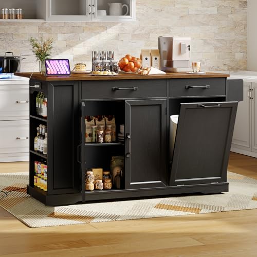 RALGEND Kitchen Island with Power Outlet & Drop Leaf, Rolling Storage Cart with Trash Storage Cabinet, Farmhouse Mobile Island Table for Kitchen, Dining Room, Hidden Casters, Black and Rustic Brown - color: Black + Rustic Brown
