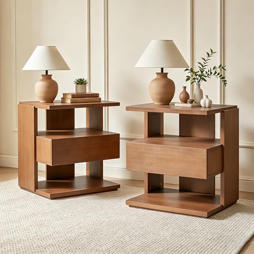 Christopher Knight Home 22" Mid Century Modern Nightstand Set of 2, Wooden Bedside Table with Drawer & 3 Tier Open Shelves, Small Side End Table Night Stand for Bedroom Living Room Small Space, Brown - color: Brown, size: 2pcs