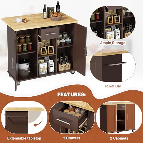 JY QAQA 42" Kitchen Island with Storage on Wheels, Rolling Table with Drop Leaf, Drawers, Cart Handle for Towel Rack or Free Movement, Brown - color: Brown