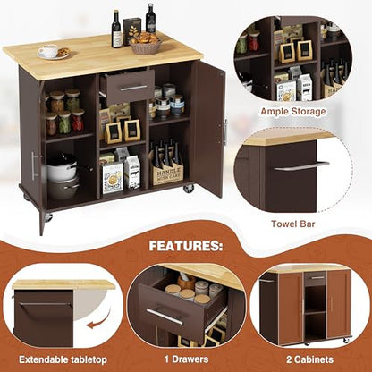 JY QAQA 42" Kitchen Island with Storage on Wheels, Rolling Table with Drop Leaf, Drawers, Cart Handle for Towel Rack or Free Movement, Brown - color: Brown