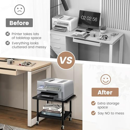 Tangkula Printer Stand with Storage, Under Desk Printer Table with 4 Wheels & Locking Mechanism, 2-Tier Rolling End Table Storage Rack for Bedroom, Living Room, Study - color: Black