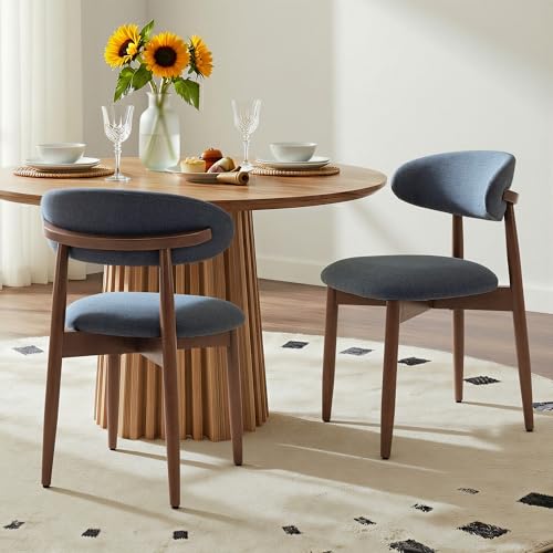 COLAMY Mid-Century Modern Wooden Dining Chair Set of 2, Indoor Upholstered Kitchen Chairs with 2.6" Cozy Padded Seat, Walnut Finish Side Dining Chair, [Blue] - color: Blue, size: 2 Chairs