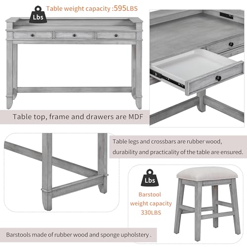 4-piece Dining Bar Table Set with 3 Upholstered Stools, Rubber Wood Counter Height Multifunctional Dining Table with 3 Drawers and USB Port, Side Table with Footrest Pub Kitchen Set (Grey-N2) - color: Grey-n2