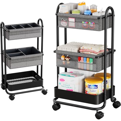 Modanais Baby Diaper Caddy Organizer Cart - 3 Tier Rolling Storage Cart with Wheels, Baby Essentials for Nursery Storage, Detachable Dividers - for Crib, Bedroom, Art & Craft Organizer (Black) - color: Black