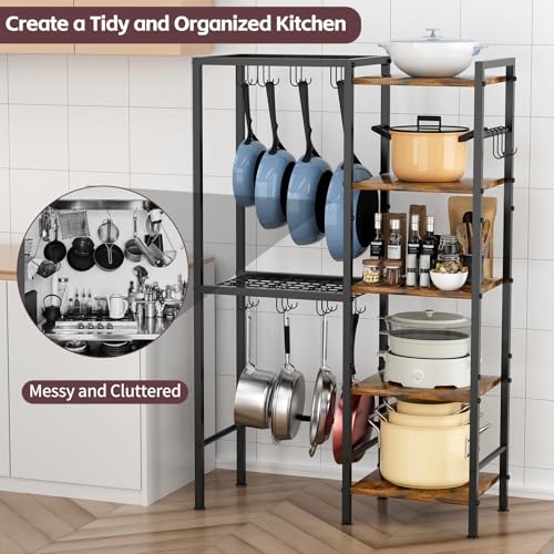 5-Tier Pot and Pan Organizer Rack with Hooks, Heavy-Duty Kitchen Storage Shelf for Cookware, Dishes, and Utensils, Freestanding Metal Pot Rack Organizer for Kitchen, Pantry, or Dining Room - size: Tall one