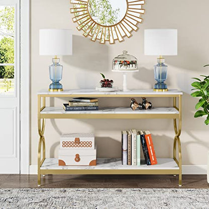 Tribesigns 3-Tier Console Table, 55 inch Sofa Table with Open Storage Shelves, Narrow Long Hallway/Entryway Table with Faux Marble Top for Home Living Room Entryway, White & Gold