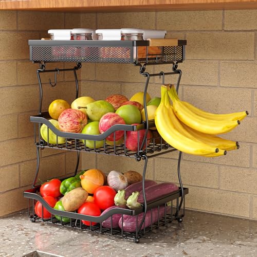 Giwil 3 Tier Countertop Fruit Mesh Basket for Kitchen, Vegetable Storage Bread Fruit Bowl Stand with 2 Banana Hooks, Wall Mounted Metal Wire Basket Organizer for Potato Onion, Black - size: 3 Tier Mesh Basket Top