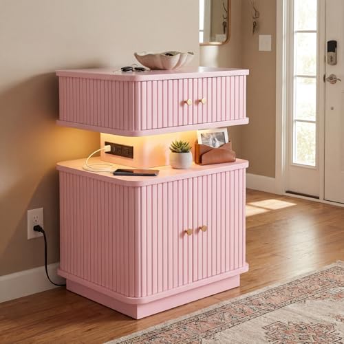 Nightstand with Charging Station, Modern Night Stand with Smart Led Light and 2 Small Sliding Door Cabinets, Curvy Edge, Bedside Table for Bedroom, Pink - color: Pink