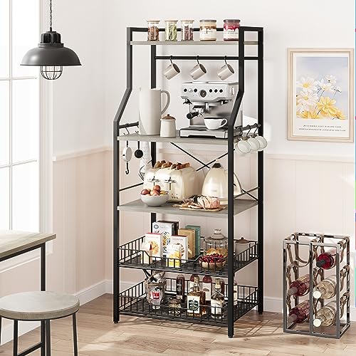 Patikuin 60cm Compact Kitchen Bakers Rack, 4-Tier Double-Frame Microwave Stand with Storage Shelves, Sturdy 20mm Square Tube & PB Board Construction, Black & Gray Freestanding Appliance Organizer