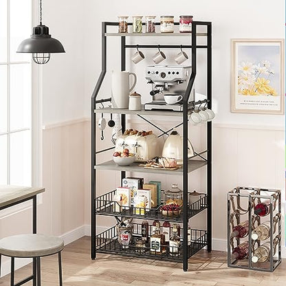 Patikuin 60cm Compact Kitchen Bakers Rack, 4-Tier Double-Frame Microwave Stand with Storage Shelves, Sturdy 20mm Square Tube & PB Board Construction, Black & Gray Freestanding Appliance Organizer