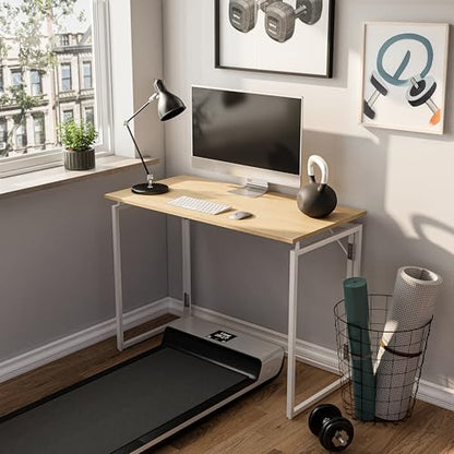 31.5" Folding Desk: No Assembly, Wood Top for Small Spaces | Home office desk, holds 150 lbs, folds flat to 2.3 in, splash-proof wood top, sturdy metal frame - color: Beige, size: 31.5"W x 15.7"D