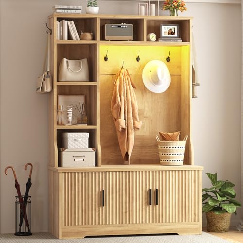 CSZZD Hall Tree with Bench and Shoe Storage, Fluted Entryway Bench with Coat Racks and Led Lights, 69" Tall Wood Hall Tree with 7 Coat Hooks, 6 Storage Cubbies, Adjustable Shelf - color: Natural Wood, size: 39.4"
