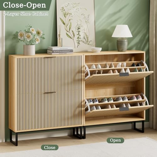 Shoe Cabinet Storage Entryway Slim, Shoe Organizer Cabinet with 2 Flip Drawers, Modern Freestanding Hidden Shoe Rack for Entryway, Natural Wood - size: 2 Flip Drawers