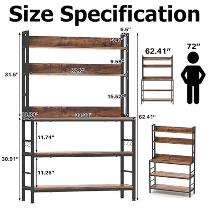 Kitchen Bakers Rack with Storage Shelves,5-Tier Free Standing Storage Shelf Rack with Hooks,Industrial Microwave Stand Shelf for Dining Room - size: without power outlet