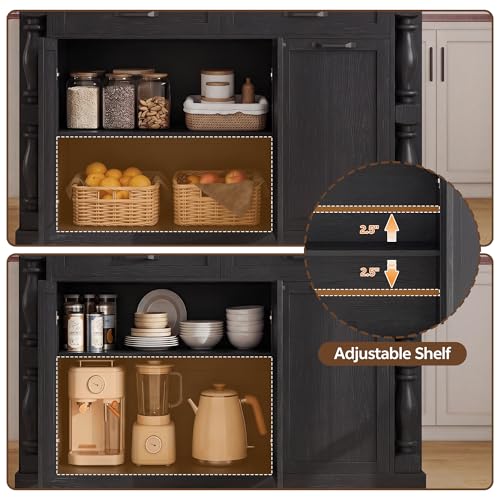 Island for Kitchen, 47.6"x20" Farmhouse Rolling Kitchen Island with Drop Leaf & Spice Rack, Coffee Cart Breakfast Bar Table Storage & Trash Bin Islands Table with Power Outlet for Dining Room - color: Black