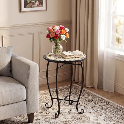Giantex Outdoor Side Table, Bright Sunflower Mosaic Patio Accent Table, 14" Coffee End Table, Indoor Outdoor Metal Plant Stand for Porch Garden Balcony Desk, Metal Cobalt Glass Top - style: Bright Sunflower