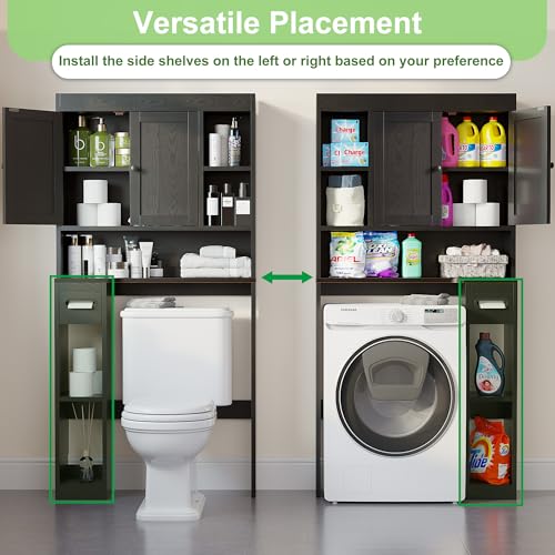 Over The Toilet Storage Cabinet with 7 Shelves, Imitation Walnut Grain Above Toilet Bathroom Organizer with Toilet Paper Holder Stand, Space Saver for Restroom, Laundry, Bathroom (Black) - color: Black