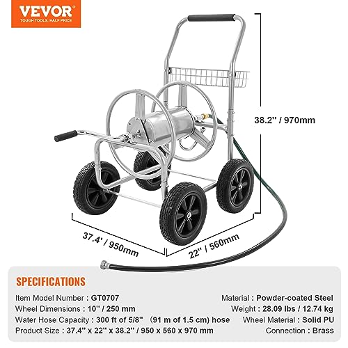 VEVOR Hose Reel Cart, Hold Up to 300 ft of 5/8’’ Hose, Garden Water Hose Carts Mobile Tools with 4 Wheels, Heavy Duty Powder-Coated Steel Outdoor Planting with Storage Basket, for Garden, Yard, Lawn - style: 300 ft