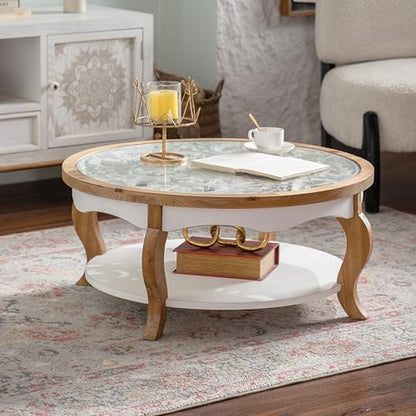 31.5'' Round Coffee Table for Living Room, Modern Countryside Farmhouse Rustic Wood Coffee Table, Curved Legs & Removable Tempered Glass Top, Natural & Wood - color: Ø31.5''-natural & White