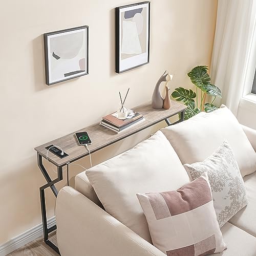 MAHANCRIS 44.9" Sofa Table, 9.4" Narrow Console Table with Charging Station, Couch Table Behind Sofa with Outlet, Entryway Table with Display Shelf, Living Room, Greige CTHG113E01 - color: Greige + Black