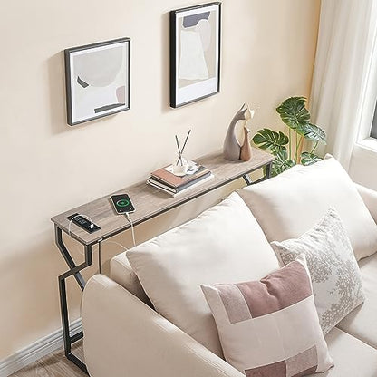 MAHANCRIS 44.9" Sofa Table, 9.4" Narrow Console Table with Charging Station, Couch Table Behind Sofa with Outlet, Entryway Table with Display Shelf, Living Room, Greige CTHG113E01 - color: Greige + Black