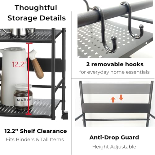 2-Tier Metal Rolling Cart, Compact Under Desk Storage Organizer | 12.2" clearance fits binders & tall bottles; anti-drop safety guard; small space mobile shelf for home, bedroom & office. - color: Black