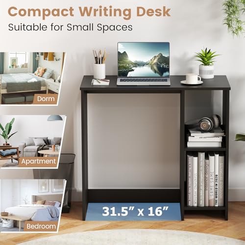 Giantex Small Desk with Storage, 31.5 Inch Home Office Computer Desk with Shelves, Space Saving Study Writing Desk, Modern Simple Laptop Desk for Small Spaces (Black) - color: Black