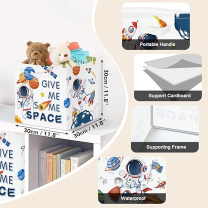 Clastyle 3 pcs 11.8'' Outer Space Storage Basket for Shelves with Metal Frame Large Rocket Astronaut Clothes Toy Book Cube Bin for Bedroom Playroom,White - color: Rocket Astronaut