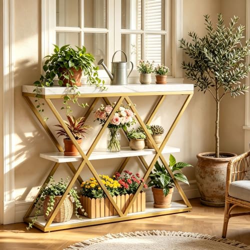 Garvee 3 Tier Console Table,39" Industrial Entryway Table,Open Wood Shelves | Sofa Table,Narrow Wood Accent Tables with Metal Frame for Hallway,Living Room,Behind Couch,Foyer,Entrance,White - color: White + X-shaped