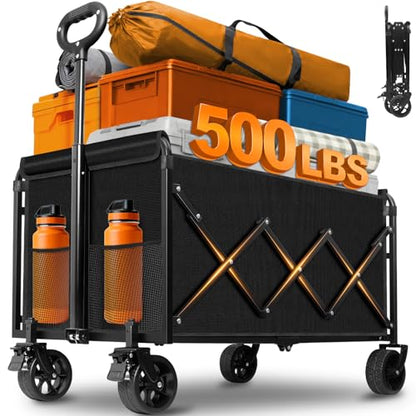 Wagons Carts Foldable, 500 lb 220L Collapsible Wagon with Brakes | Heavy folding wagon for groceries, camping, beach, outdoor hauling; large storage, brake control and compact folding design - color: Charcoal