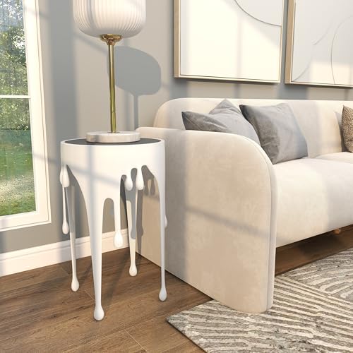 Deco 79 Aluminum Metal End Table with Abstract Drip Design, White Side Table, Accent Melting Legs and Black Glass Top, 16" x 16" x 25", White - color: White