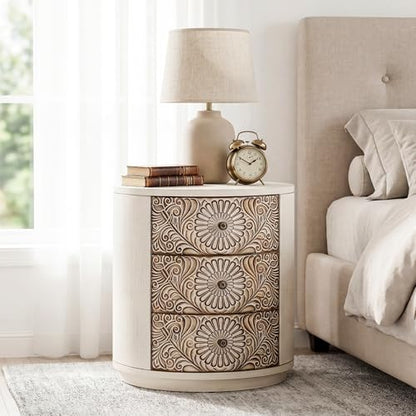 COSIEST 3 Drawer Chest of Drawers, 20 inch MDF Round Storage Cabinet, Retro Whitewash Finish Nightstand, Wood Bedside Table with Drawers for Bedroom Living Room,Light Gray - color: Wood Color-round-carved