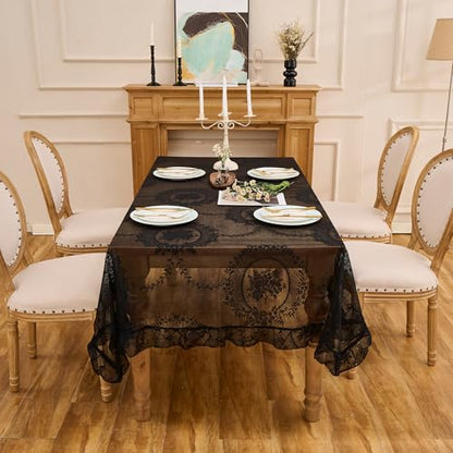 Floral Embroidered Lace Tablecloth Table Cover (Black, 95”x55”, Rectangular) - color: Black, size: 95" x 55" (Rectangular)