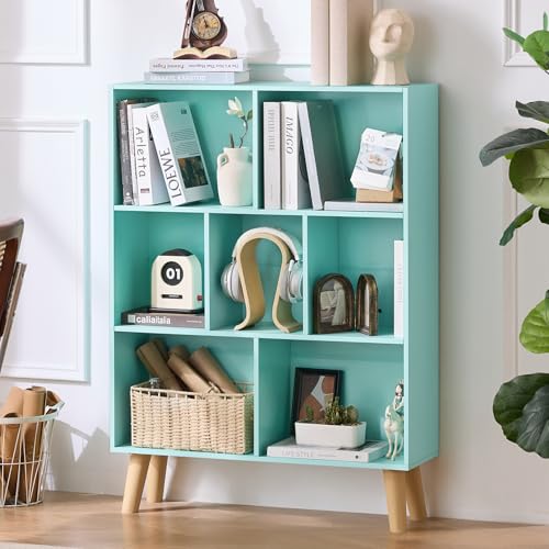 LEYAOYAO Cube Bookshelf, Mid-Century Modern Book Shelf with Legs, Green | 3 Tier Bookcase, Rustic Wood Bookshelves Freestanding Small Storage Organizer, Open Shelves for Bedroom, Living Room, Office - color: Green, size: 7 Cube with Legs